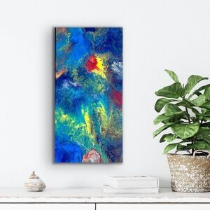 Splatter Blue, Yellow and Green Pour Painting 10 x 20 Stretched Canvas Art